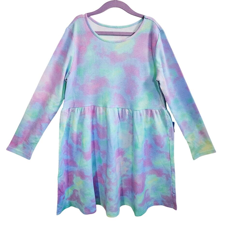 Children's Place Size L Long Sleeve Waffle Knit Dress Watercolor Tie Dye Pastel - Picture 1 of 5